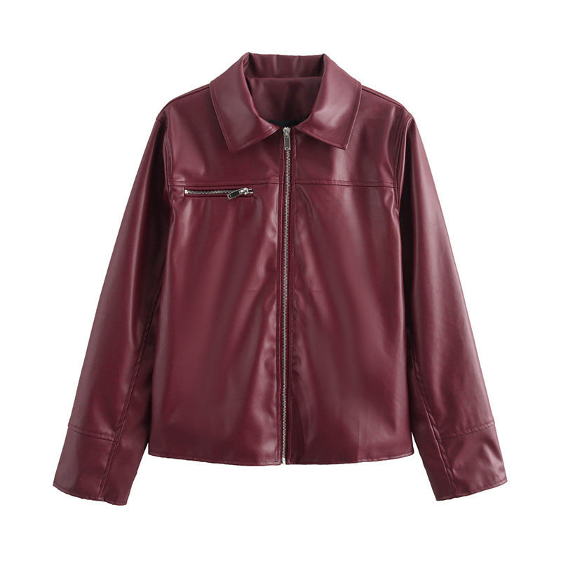 Damen Kunstlederjacke mit modernem Stehkragen und praktischen Reißverschlusstaschen EB