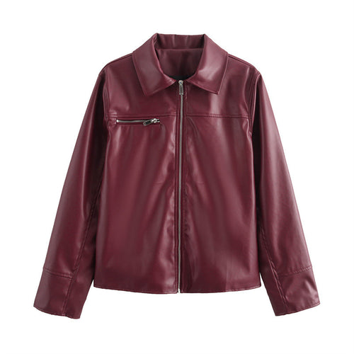 Damen Kunstlederjacke mit modernem Stehkragen und praktischen Reißverschlusstaschen EB