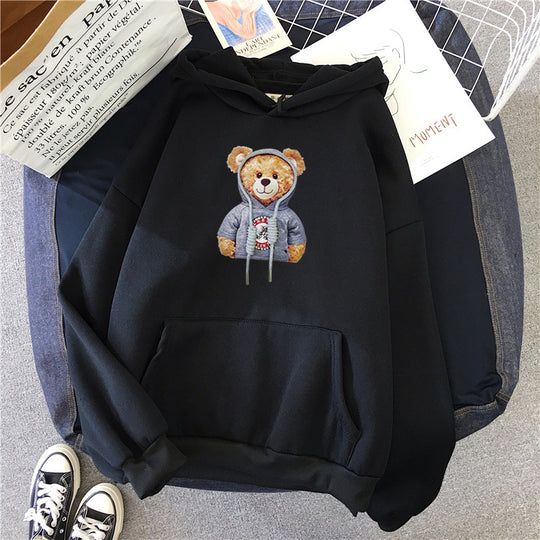 Unisex nan lässiger Oversize Kapuzenpullover mit Teddy-Frontprint, Kängurutasche und weichem Fleece-Innenfutter EB