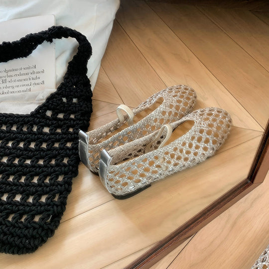 Damen Ballerina-Sandalen mit luftiger Netzstruktur und elastischem Riemen EB