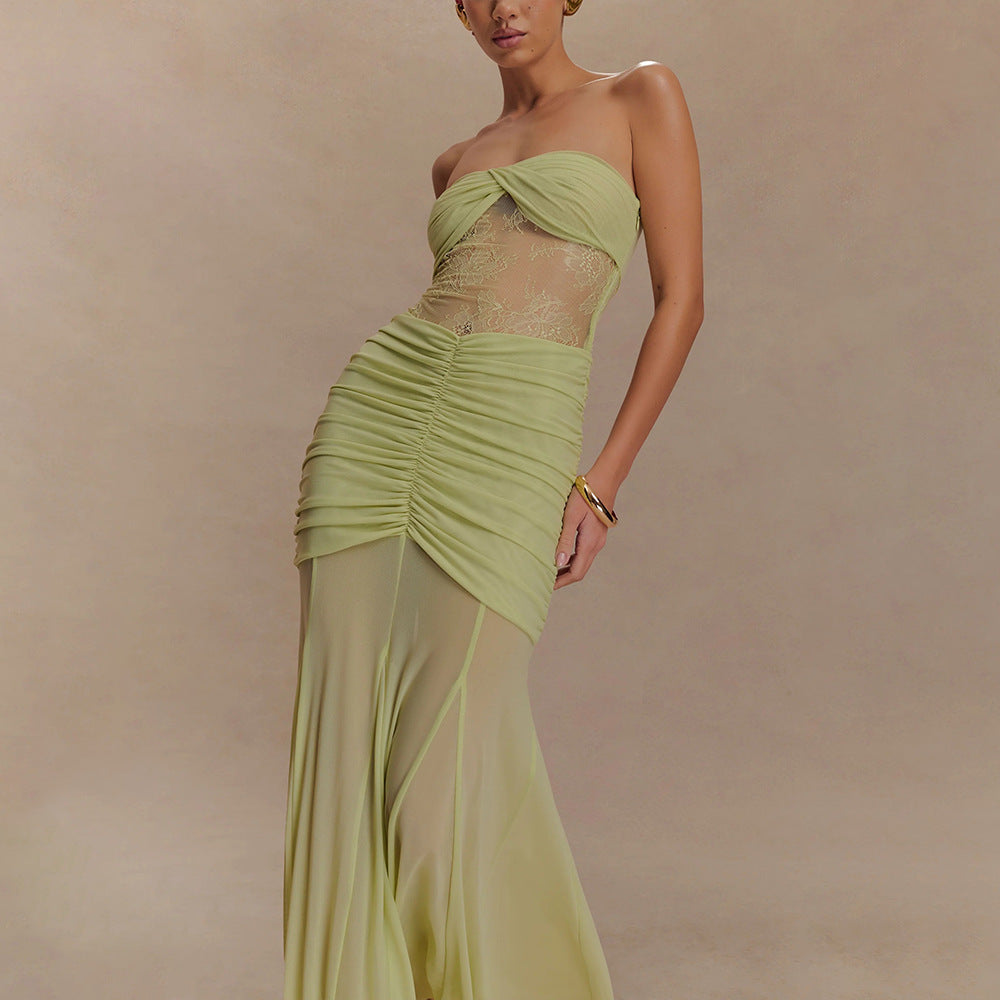 Damen Strapless Maxikleid mit raffinierten Drapierungen und Spitzen-Mix EB