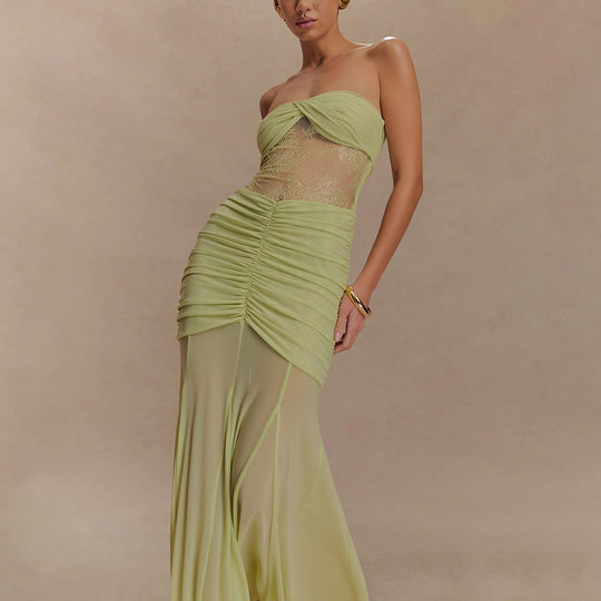 Damen Strapless Maxikleid mit raffinierten Drapierungen und Spitzen-Mix EB