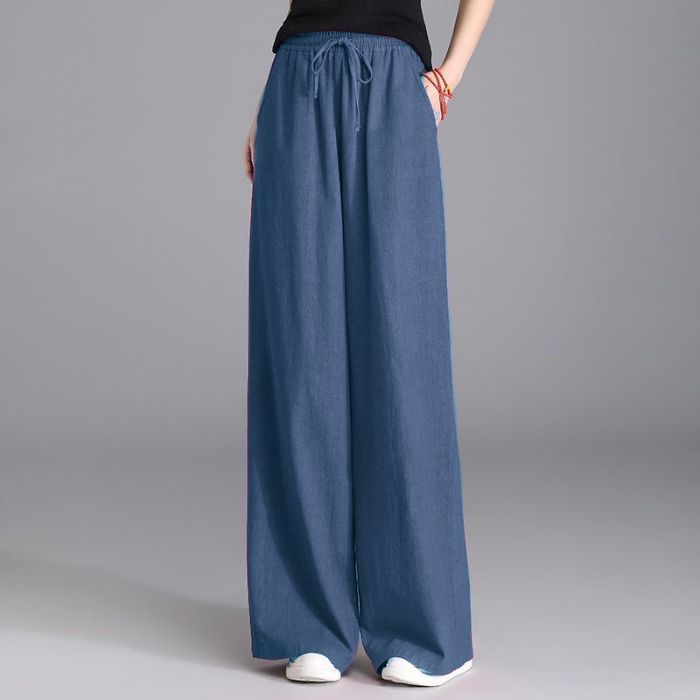Damen nan weite Palazzo Leinenhose mit elastischem Kordelbund und Seitentaschen EB