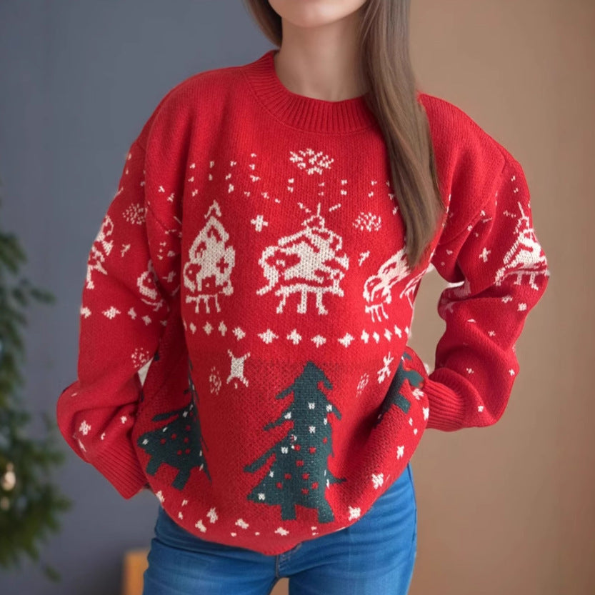 Damen gestrickter Weihnachtspullover mit festlichen Motiven und lässigem Schnitt EB