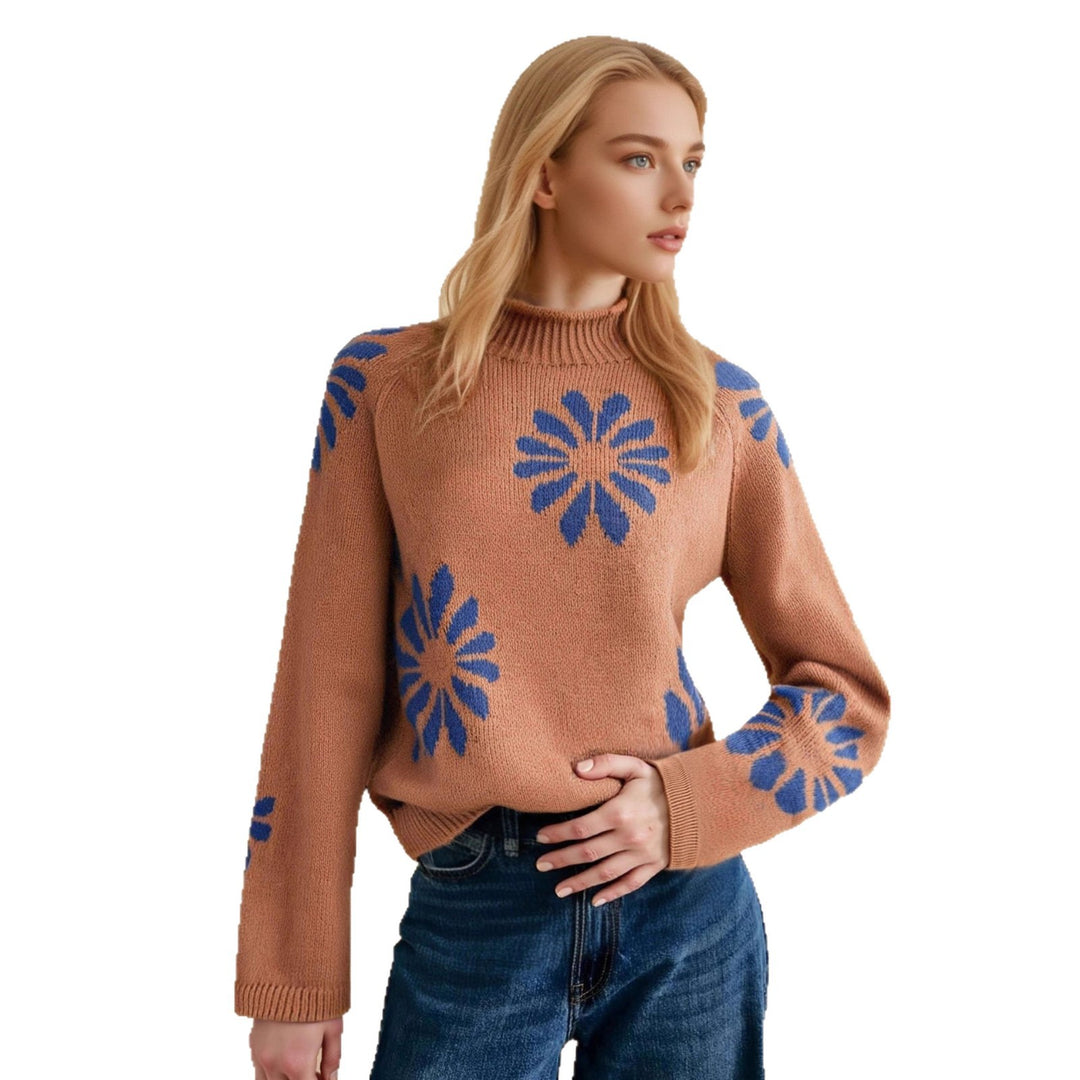 Damen farbenfroher Strickpullover mit floralem Muster EB