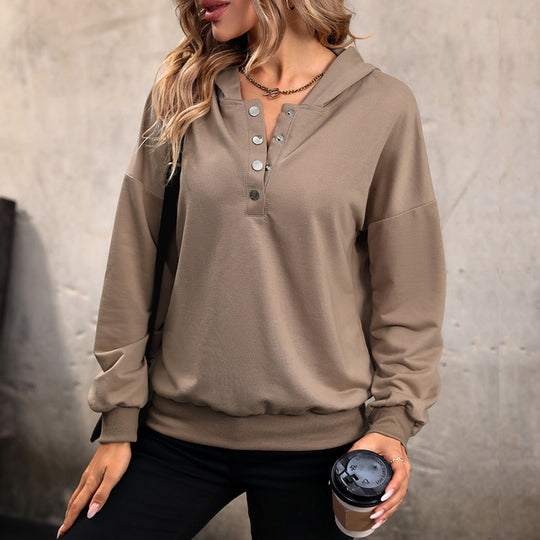 Damen Kapuzenpullover mit überschnittenen Schultern und Knopfdetails EB