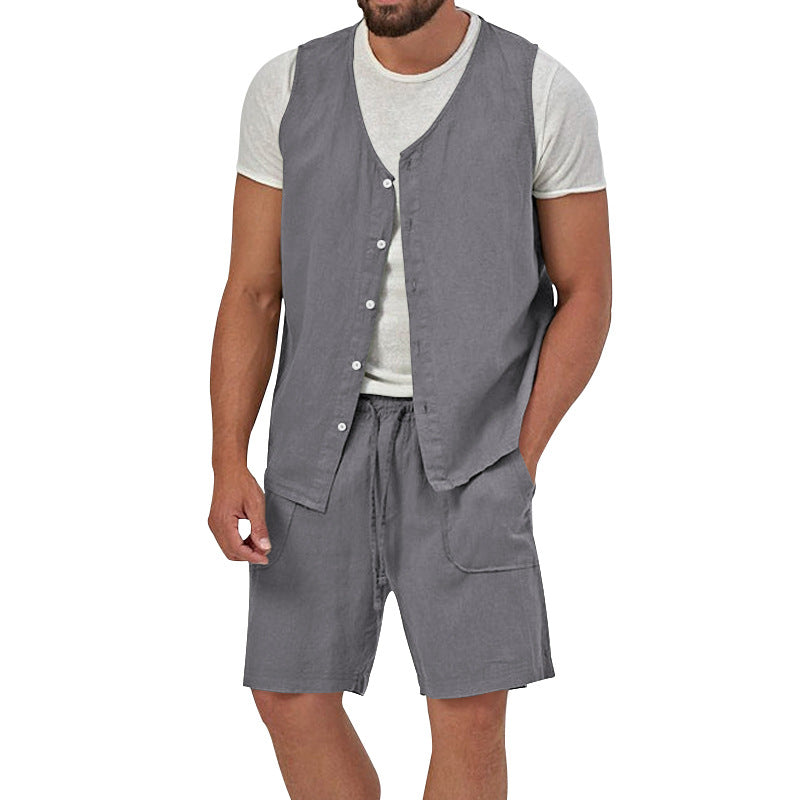 Herren nan zweiteiliges Freizeit-Set mit ärmelloser Knopfweste und weiten Kordelzug-Shorts mit aufgesetzten Taschen EB