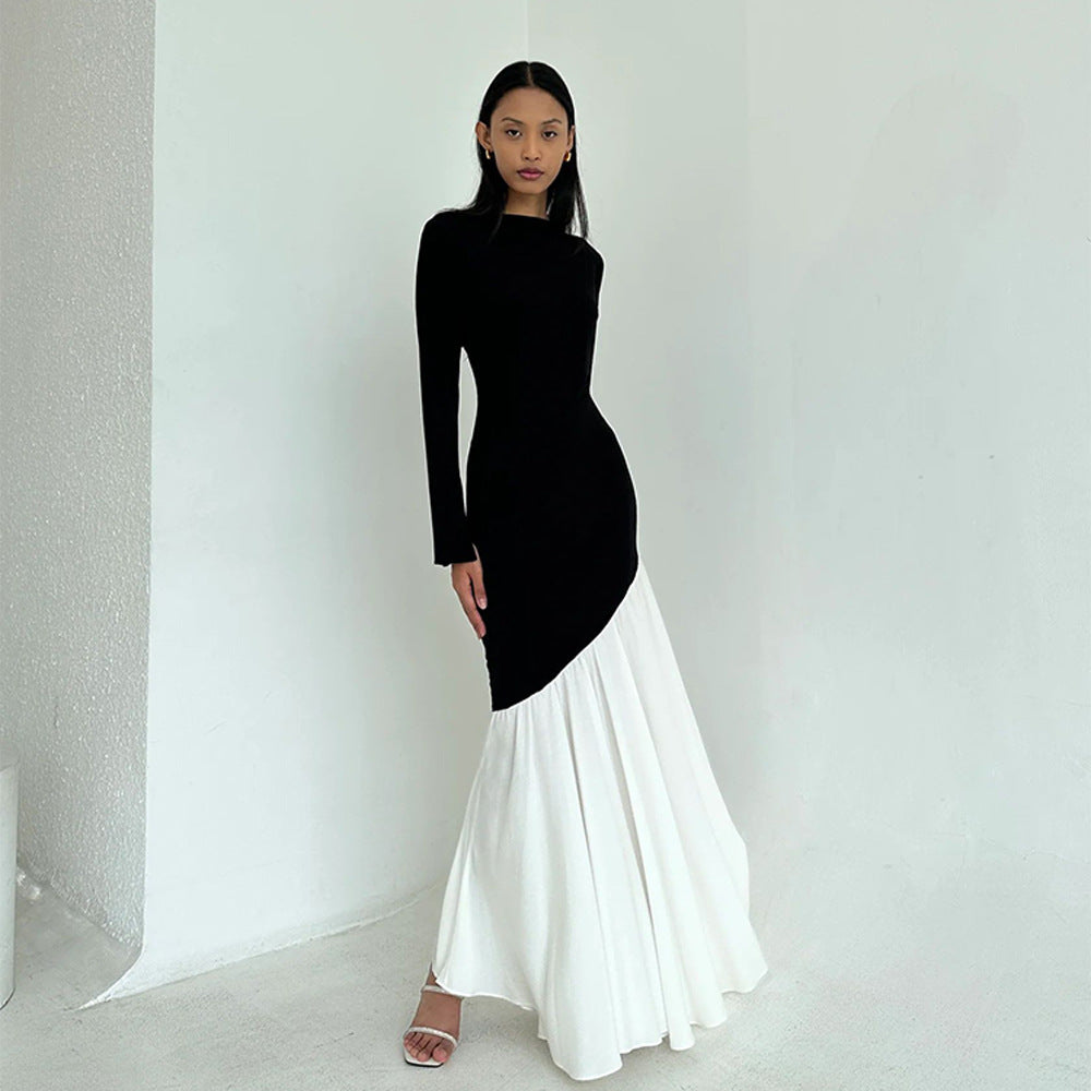 Damen elegantes, asymmetrisches Maxikleid mit langen Ärmeln und farblichen Kontrasten EB