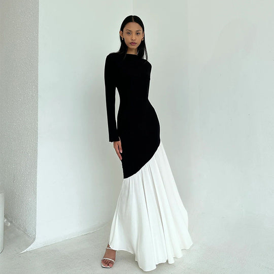 Damen elegantes, asymmetrisches Maxikleid mit langen Ärmeln und farblichen Kontrasten EB