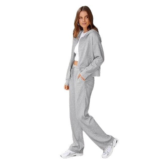 Damen nan Casual-Lounge-Set mit taillierter Zip-Kapuzenjacke, Kordelzug und weitem Palazzo-Jogger EB