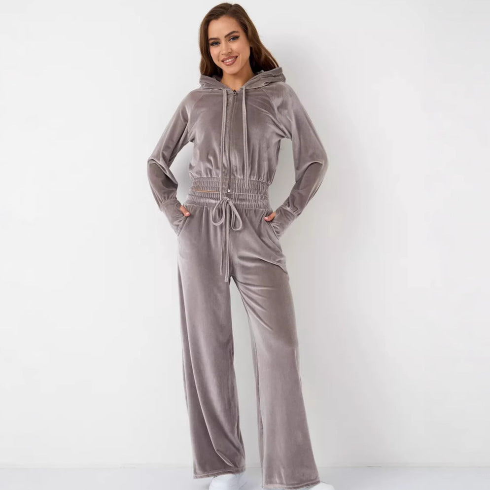 Damen luxuriöses Velours-Lounge-Set mit kurzem Reißverschluss-Hoodie und weitem Comfort-Hose EB