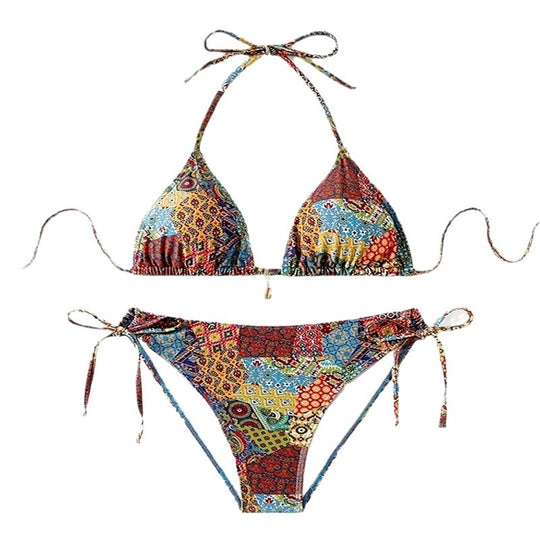 Damen Triangel-Bikini mit kreativem Multicolor-Muster und dekorativem Anhänger EB
