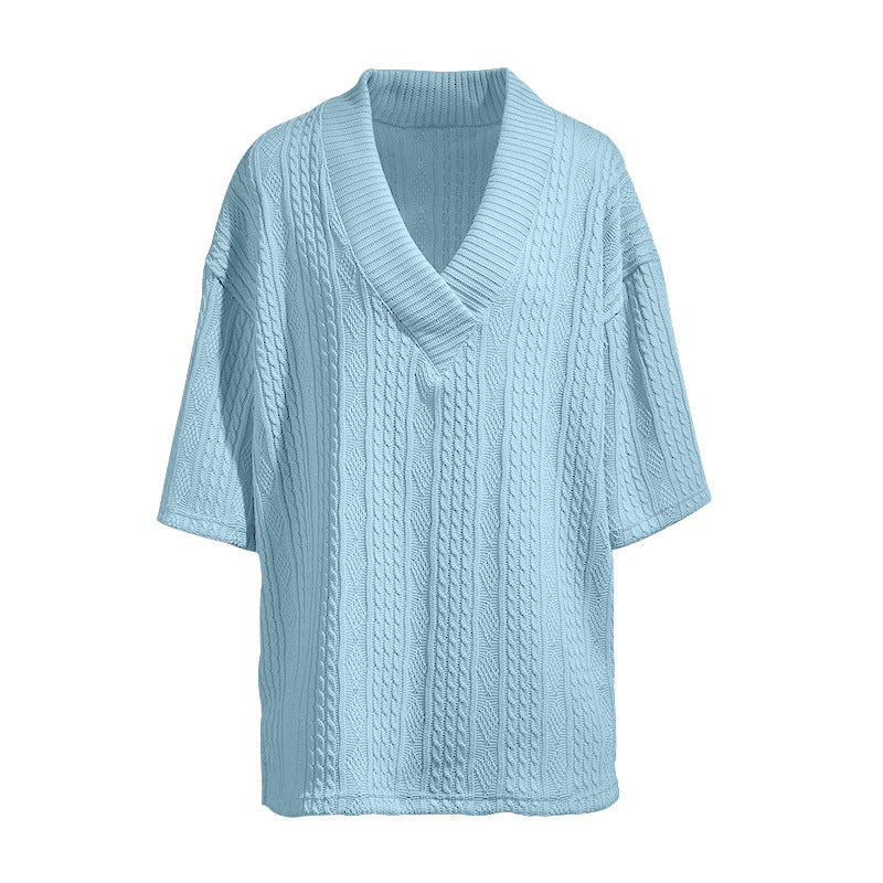 Damen nan Kurzarm-Strickpullover im weiten Schnitt mit tiefem V-Kragen und Zopfmuster EB