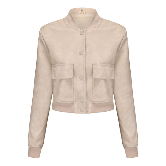Damen nan kurze Crop-Kunstlederjacke im Blousonstil mit Druckknopffront und aufgesetzten Pattentaschen EB