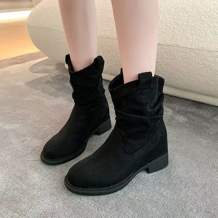 Damen Modische Stiefeletten mit lässigem Falten-Design und bequemem Blockabsatz EB