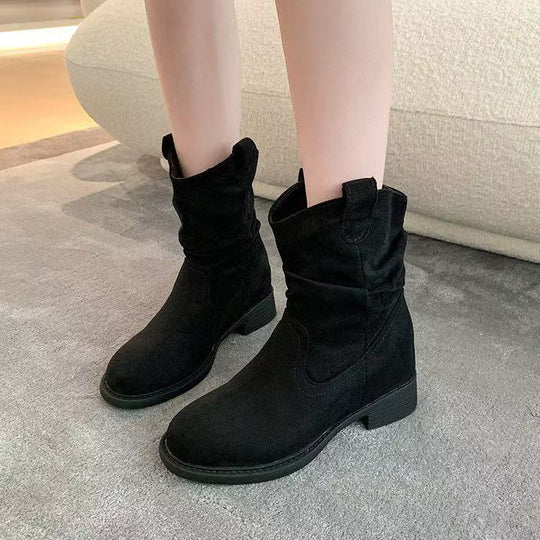 Damen Modische Stiefeletten mit lässigem Falten-Design und bequemem Blockabsatz EB