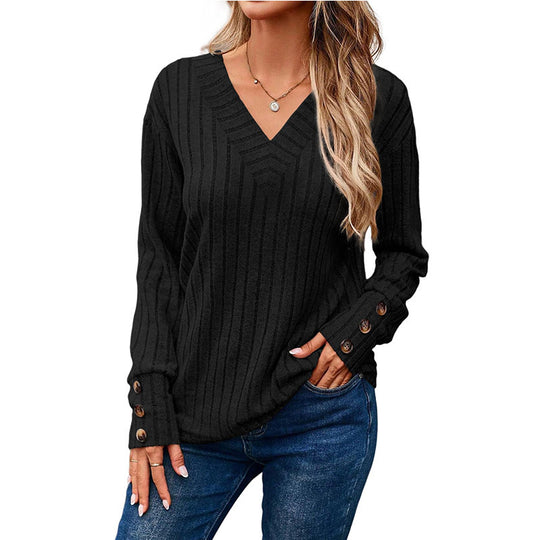 Damen V-Ausschnitt Pullover mit dekorativem Streifenmuster und Knopfdetails EB