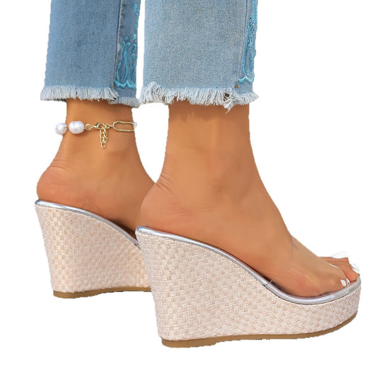 Damen Wedge-Sandalen mit transparentem Riemen und luxuriösem Kork-Design EB