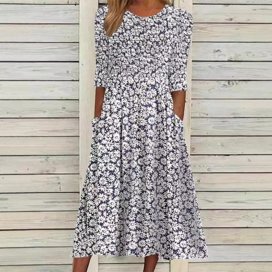 Damen nan Midikleid mit gerafftem Smock-Oberteil, Ellenbogenärmeln und praktischen Eingrifftaschen EB