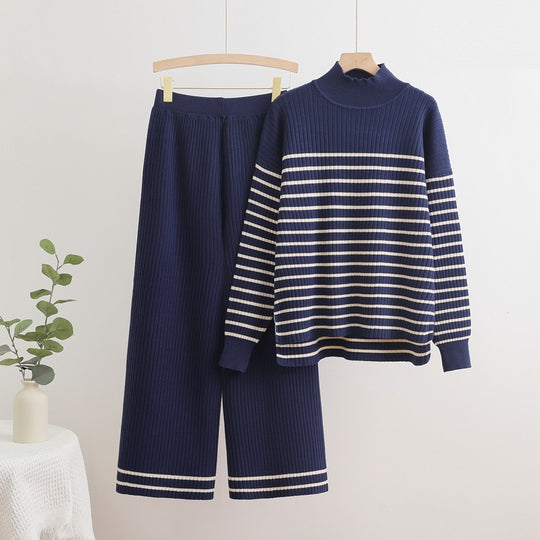 Damen gemütliches Strick-Loungewear-Set mit quer gestreiften Details EB