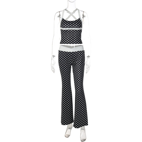 Damen Polka Dot Sportanzug mit cropped Oberteil und Flared Pants EB