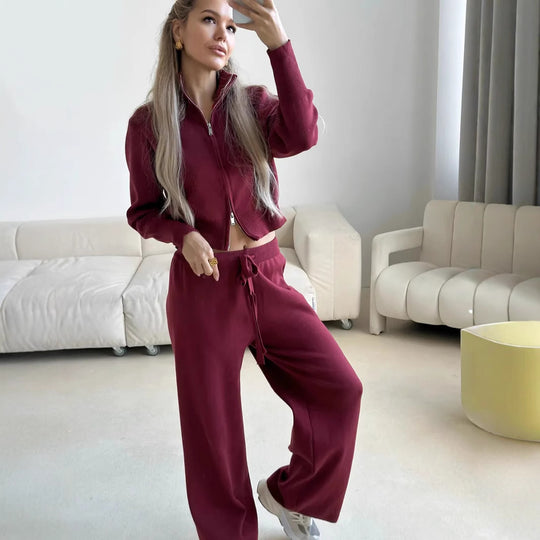 Damen gestricktes Lounge-Set mit kurzem Reißverschluss-Cardigan und weitem High-Waist-Jogginghose EB