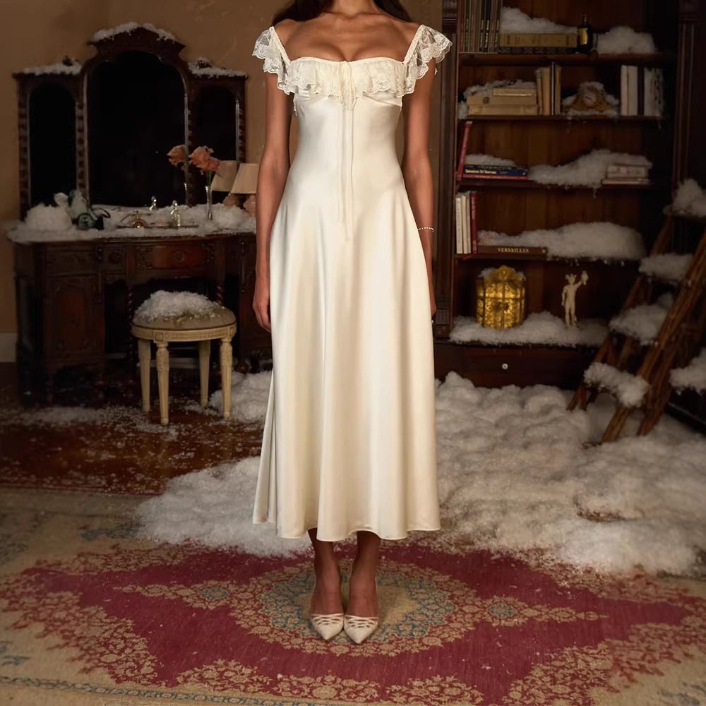 Damen Elegantes bodenlanges Kleid mit Spitzenbesatz EB