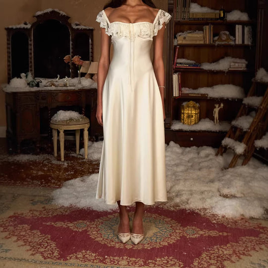 Damen Elegantes bodenlanges Kleid mit Spitzenbesatz EB
