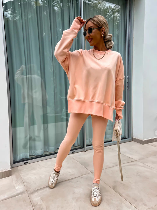 Damen komfortables Oversize-Lounge-Set mit langem Sweatshirt, gerippten High-Waist-Leggings und verlängerten Bündchen EB