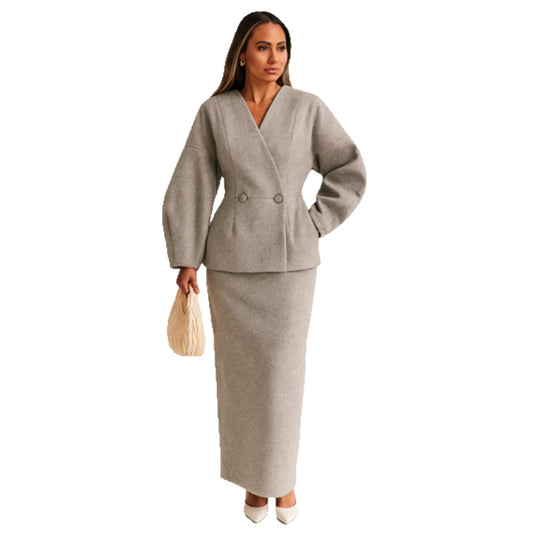 Damen Elegantes Bleistiftkleid mit schickem Blazer-Oberteil und Puffärmeln EB