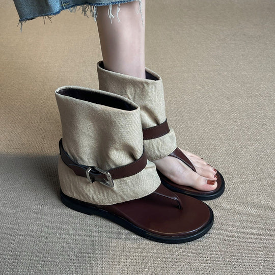 Damen modische Zehensteg-Sandalen mit gestreiftem Übertritt EB