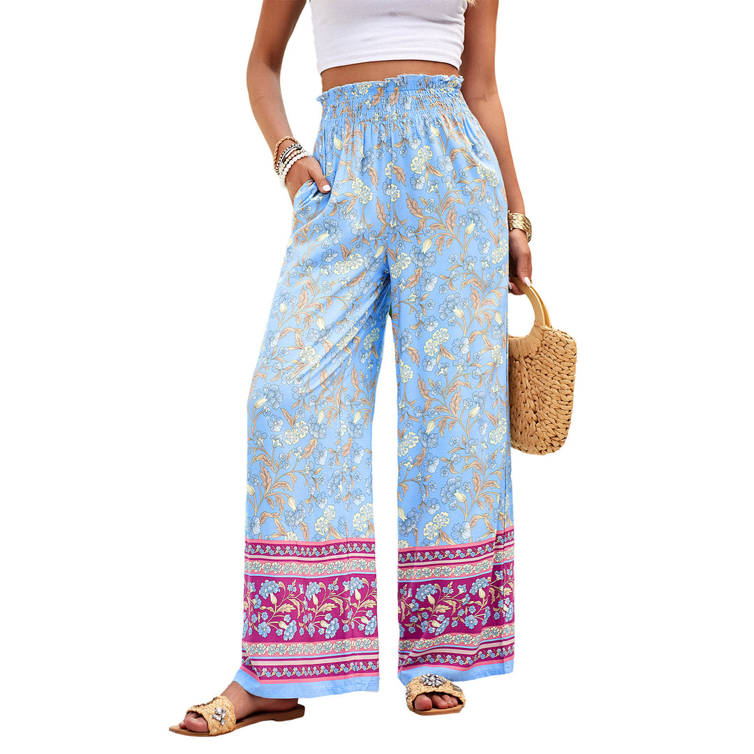 Damen nan weite Palazzohose mit gerafftem Bund, seitlichen Eingrifftaschen und floraler Boho-Print EB
