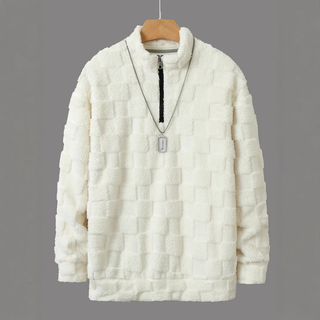 Herren nan karierter Sherpa-Halbzip-Pullover mit hohem Stehkragen und weicher Teddy-Fleece-Qualität EB
