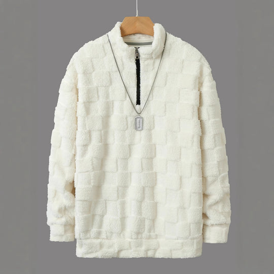 Herren nan karierter Sherpa-Halbzip-Pullover mit hohem Stehkragen und weicher Teddy-Fleece-Qualität EB