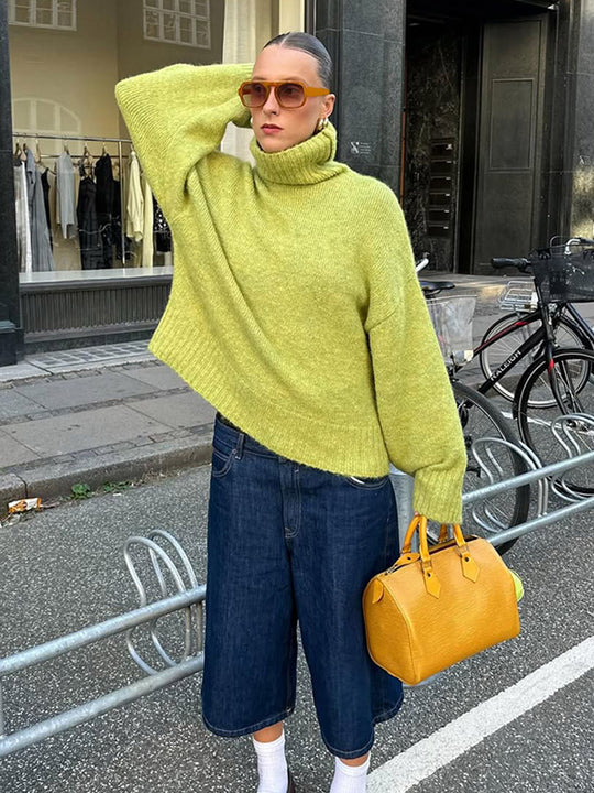 Damen gemütlicher Strickpullover mit hohem Kragen und überschnittenen Schultern EB