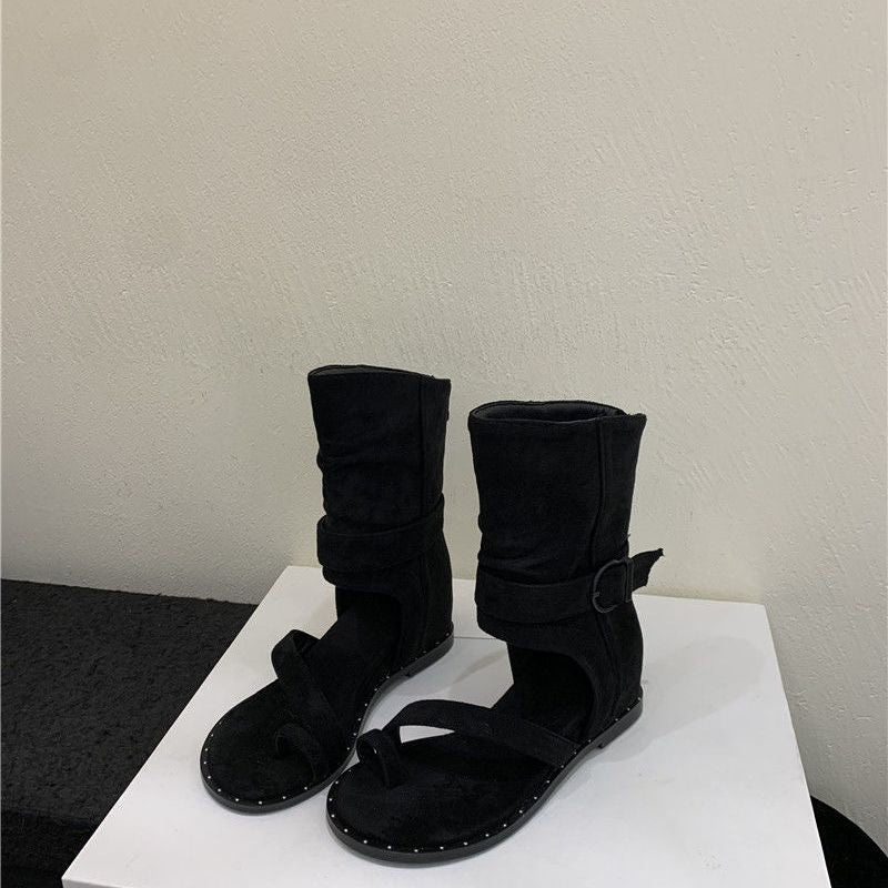 Damen modische Stiefeletten mit offener Zehenpartie und flexiblem Riemen EB