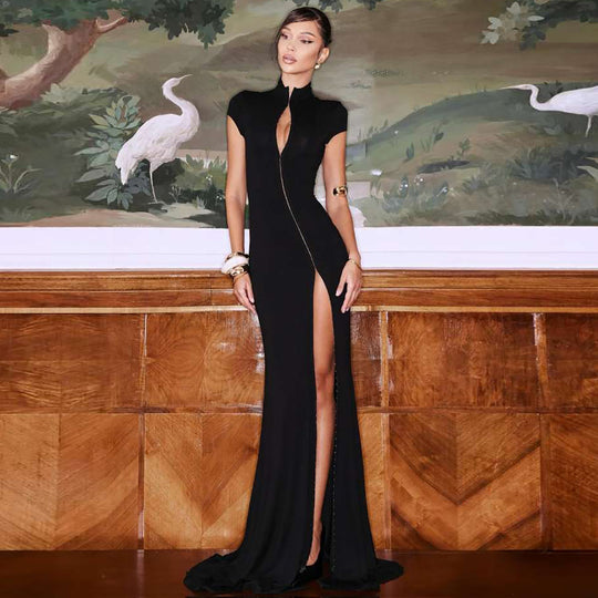 Damen Elegantes Maxikleid mit länglichem Reißverschluss und hohem Schlitz EB