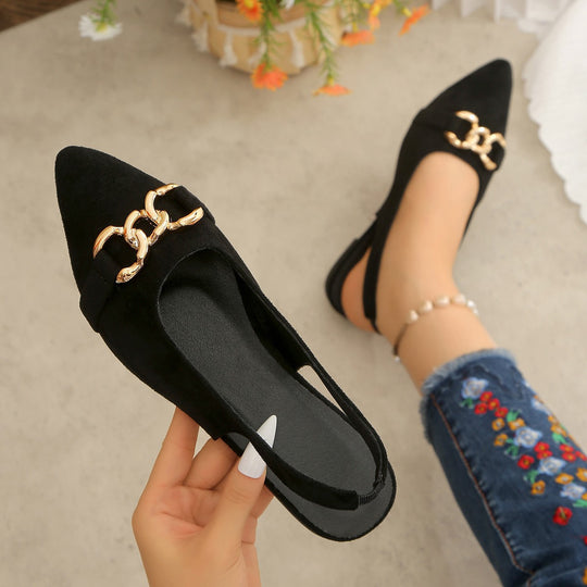 Damen Ballerinas mit Fersenriemen, spitzer Kappe und goldener Kettenverzierung EB