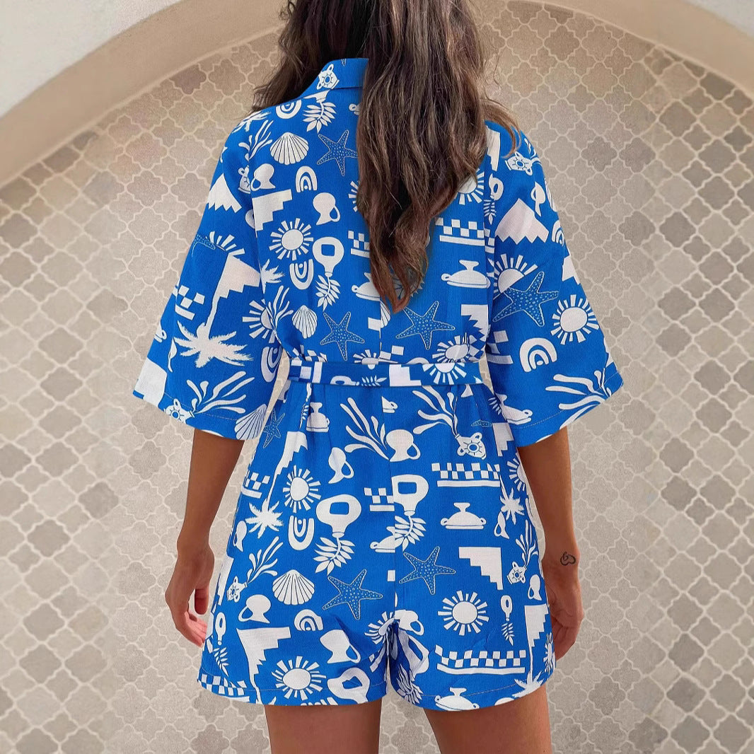 Damen Leichte Kurzarm-Bluse mit Bindegürtel EB