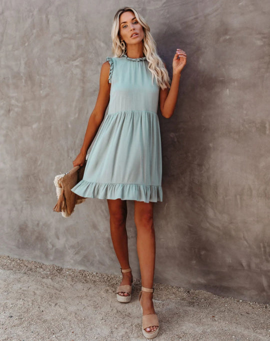 Damen lässiges Rüschendetails Kleid mit hohem Kragen EB