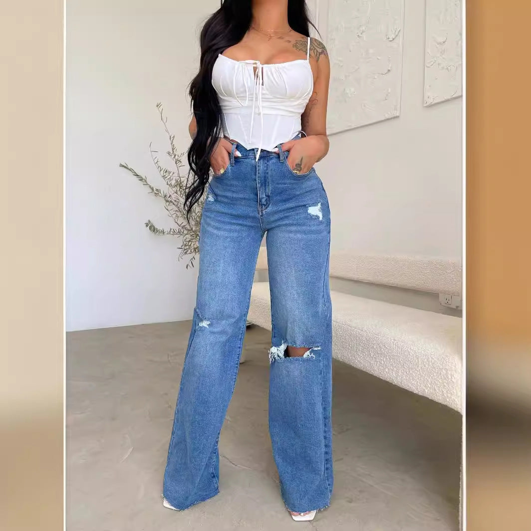 Damen Weit geschnittene Jeans mit distressed Details und hohem Bund EB