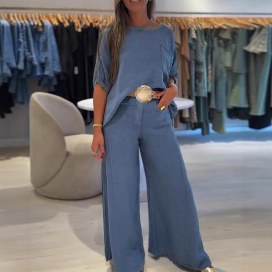 Damen nan Leinenmix-Zweiteiler mit kastigem Oversize-Shirt, Brusttasche und weiter Palazzohose EB