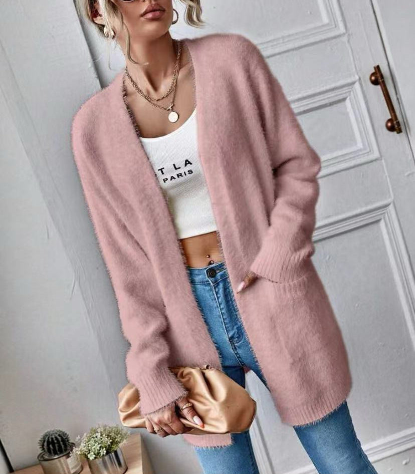 Damen Flauschiger Offener Cardigan aus weichem Material EB