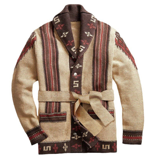 Damen Strickjacke mit kunstvollem Muster und exklusivem Gürtel EB