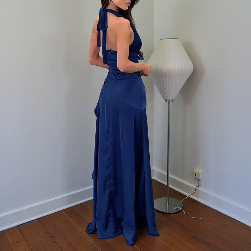 Damen schickes Maxi-Kleid mit tiefem V-Ausschnitt und fließendem Rüschenrock EB