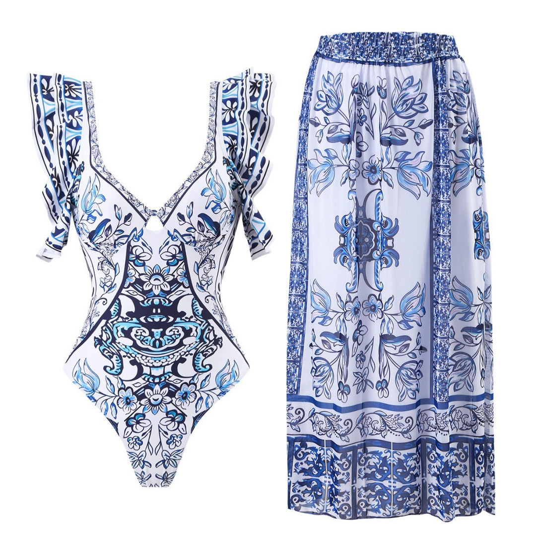 Damen Badeanzug-Set mit voluminösen Rüschendetails und elegantem Wickelrock EB