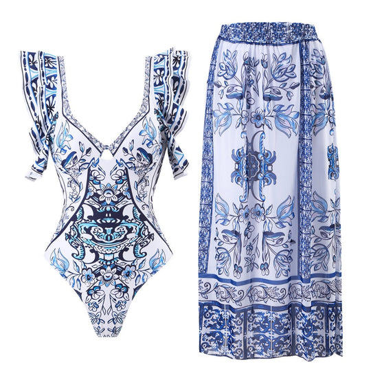 Damen Badeanzug-Set mit voluminösen Rüschendetails und elegantem Wickelrock EB