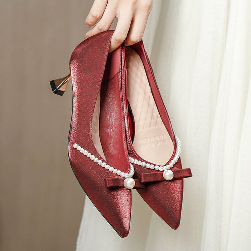 Damen elegante Pumps mit Perlenapplikation und raffinierter Schleife EB