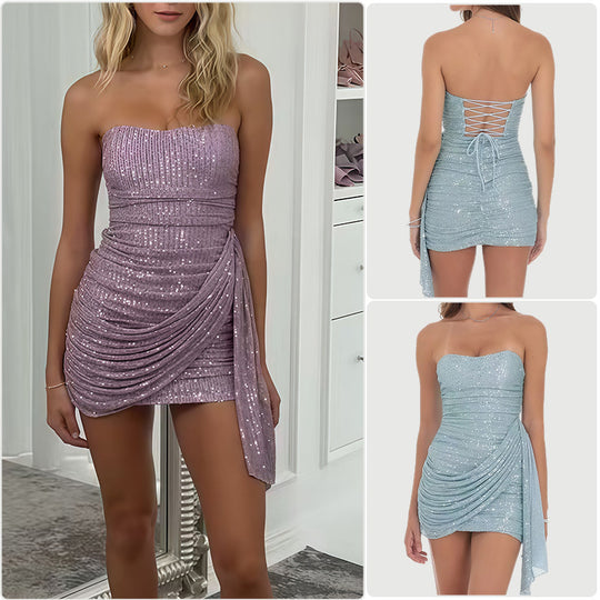 Damen Glamouröses Minikleid mit funkelnden Pailletten und asymmetrischem Schnitt EB