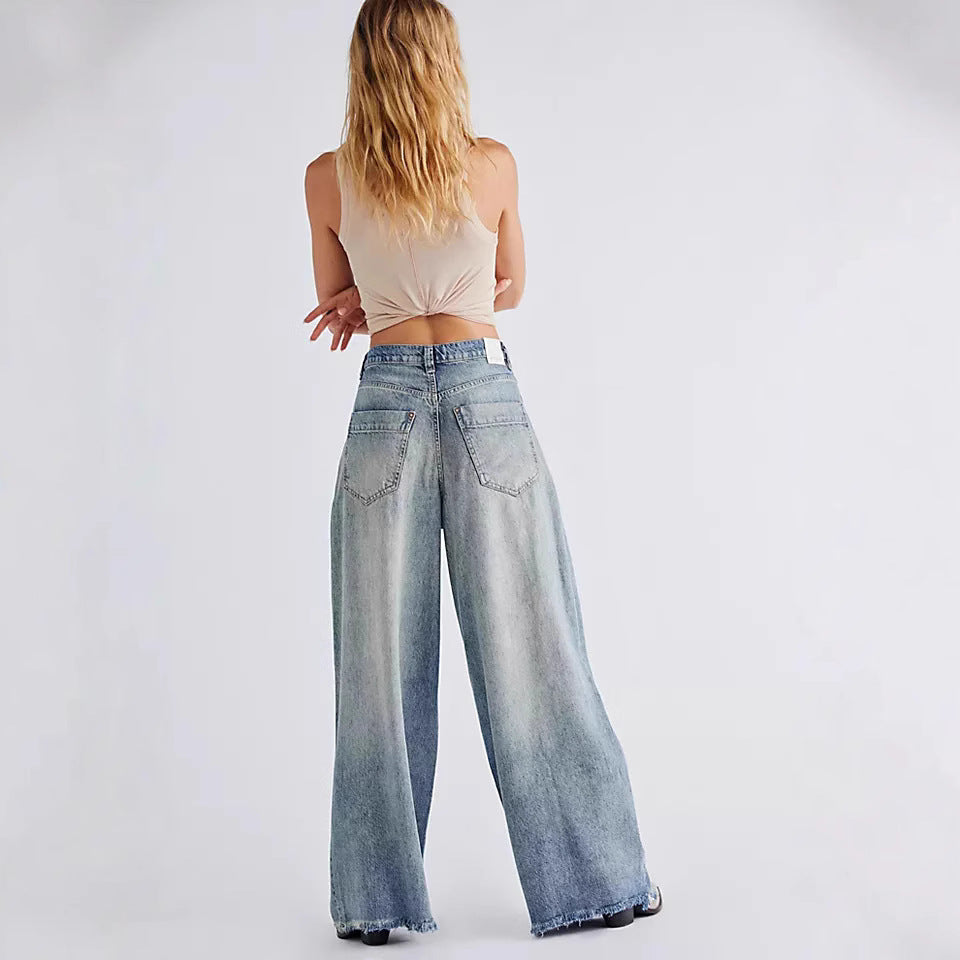 Damen Weite Denim-Hose mit fransigem Saum und hohen Schnitt EB